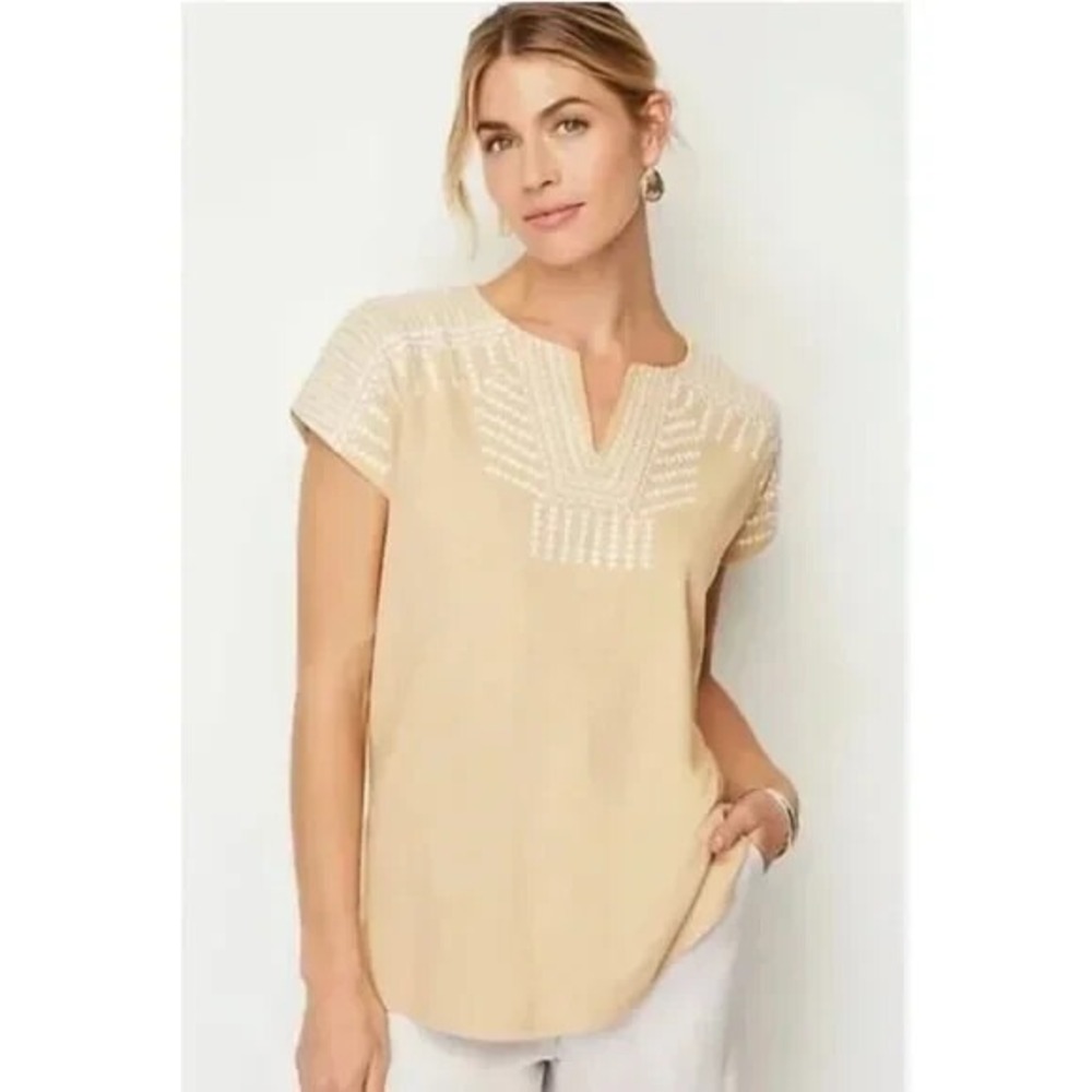J Jill Pure Jill Embroidred Split-neck Top, Size M Cotton Linen Blend